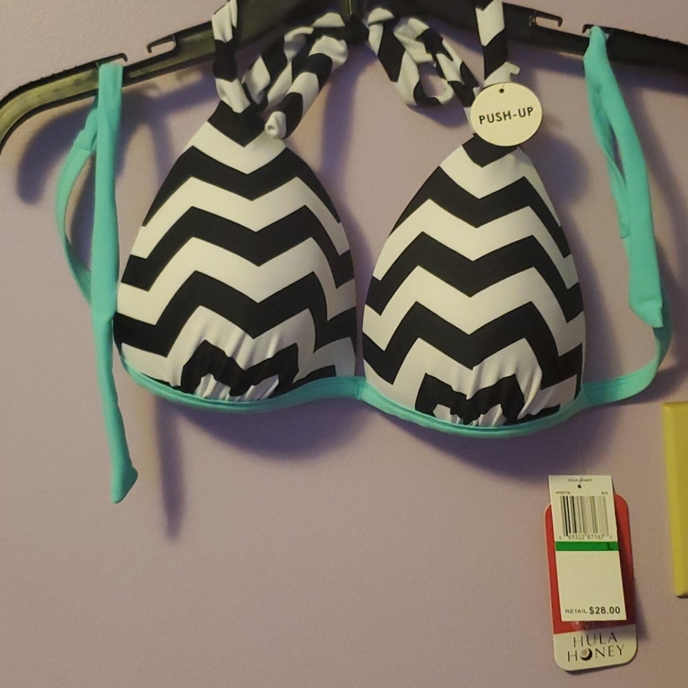 Hula Honey Bikini Top Size Large Black White Teal